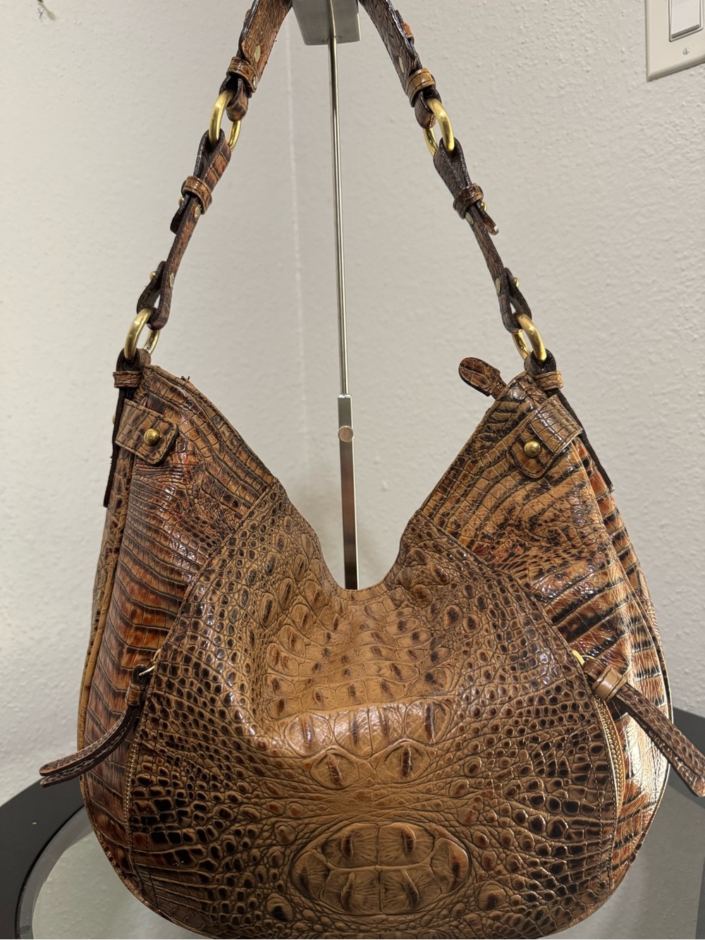 Brahmin Brown Croc-Embossed Shoulder Hobo with Gold Hardware